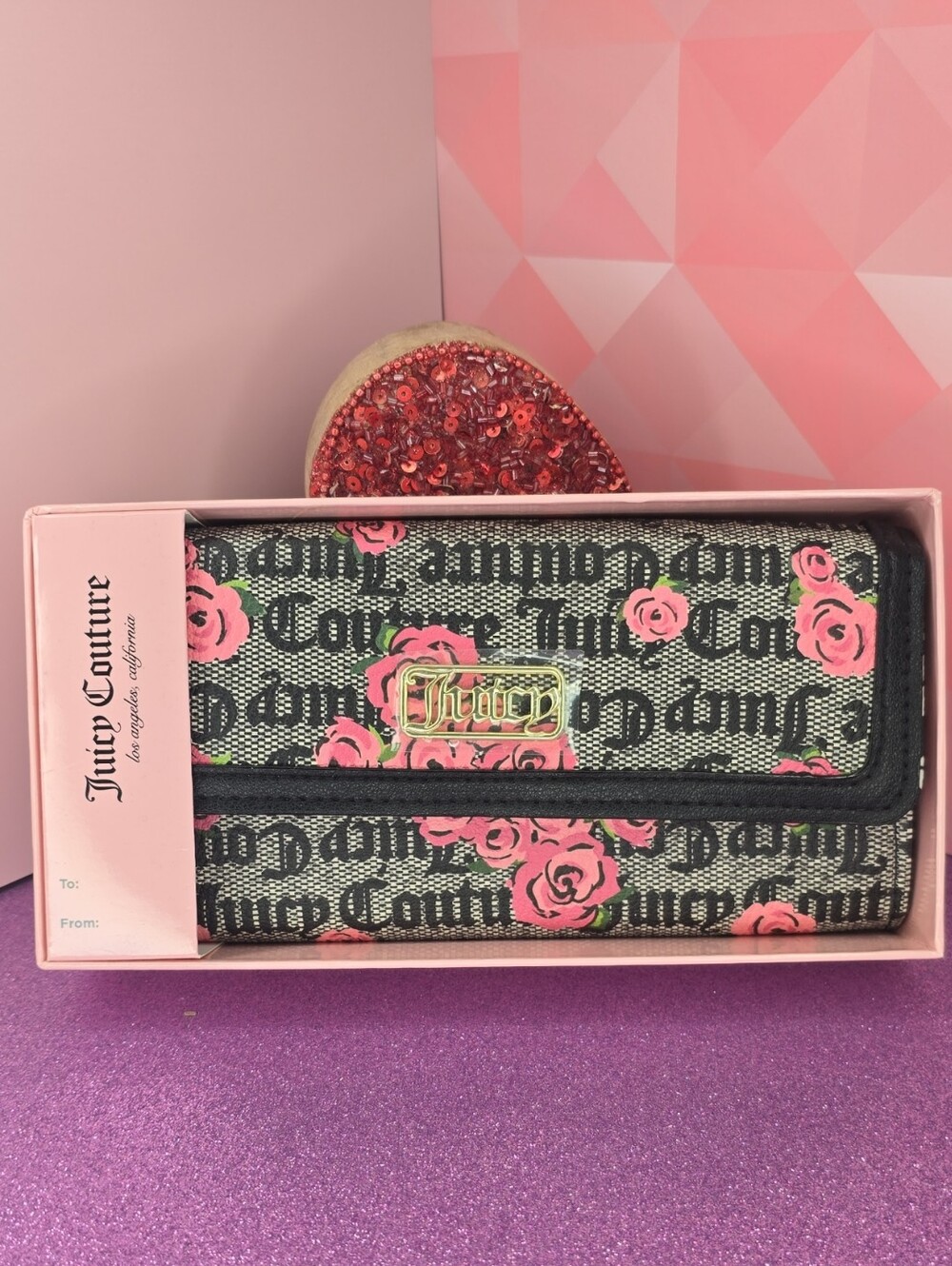 💖NWT💖Juicy Couture Black & Pink Rose Signature Logo Trifold Wallet